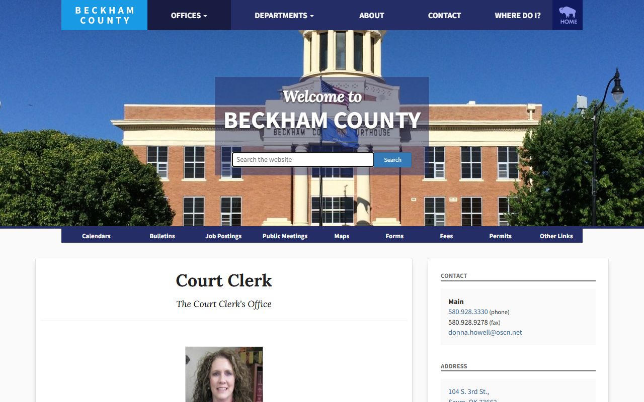 Beckham County Court Clerk office page in Sayre, Oklahoma