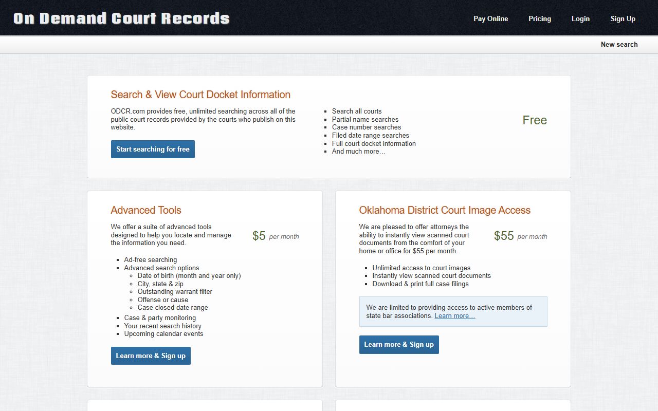 Beckham County court records access levels shown on the ODCR pricing page