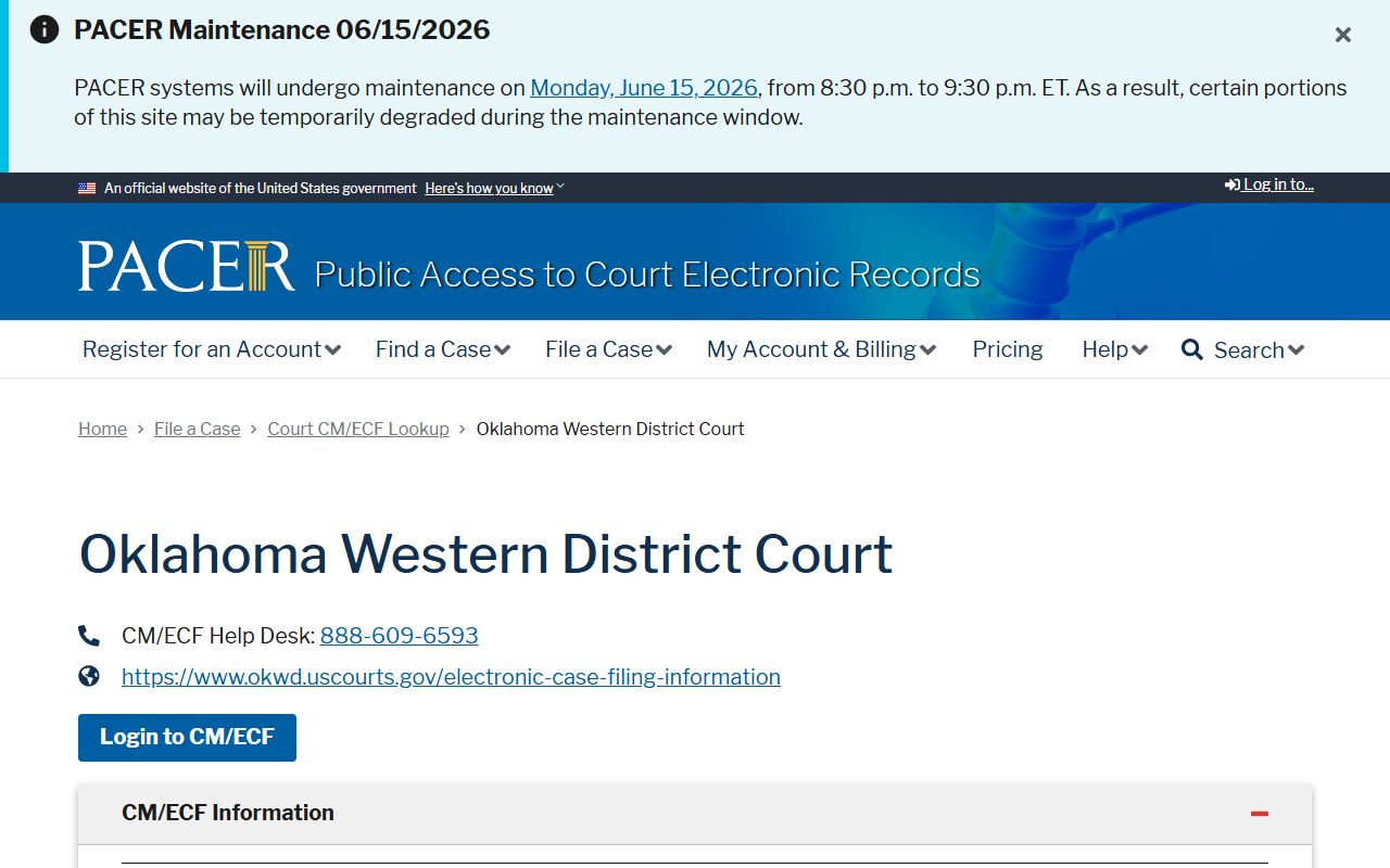 PACER court lookup for the Western District of Oklahoma near the Beckham County District Court