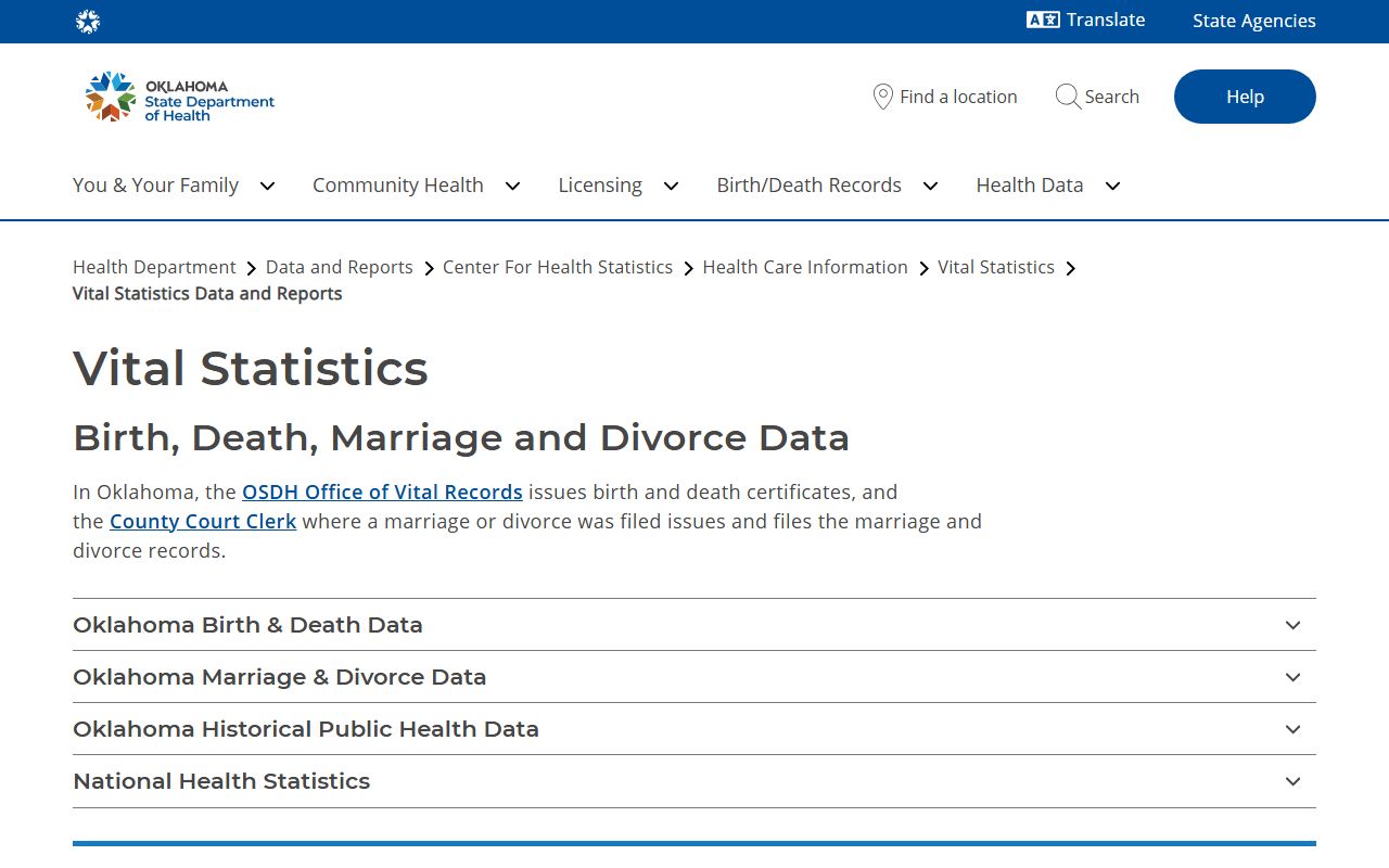 Beckham County marriage and divorce records context on the Oklahoma vital statistics page