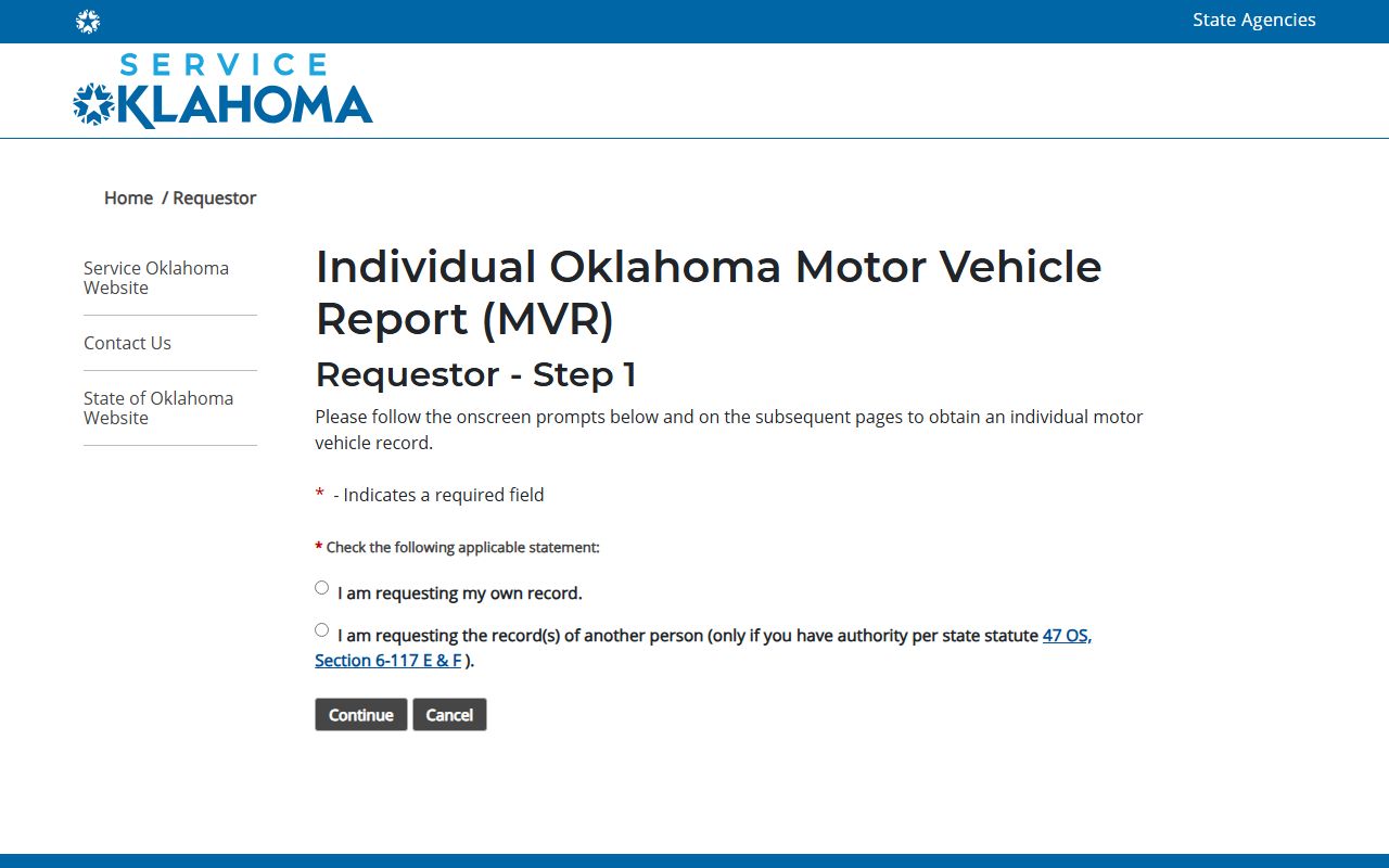 Beckham County traffic driver record request on the Service Oklahoma motor vehicle report portal
