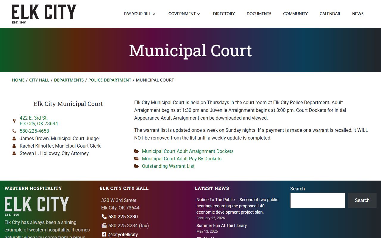 Elk City Municipal Court page showing the Beckham County warrant list and weekly update notice